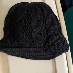 D&Y Bohemian Style Black Knit Hat with Textured Design & crochet flower